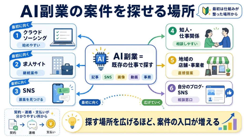 AI副業の案件を探せるクラウドソーシングや求人サイト、SNSなど6つの場所を示した図解