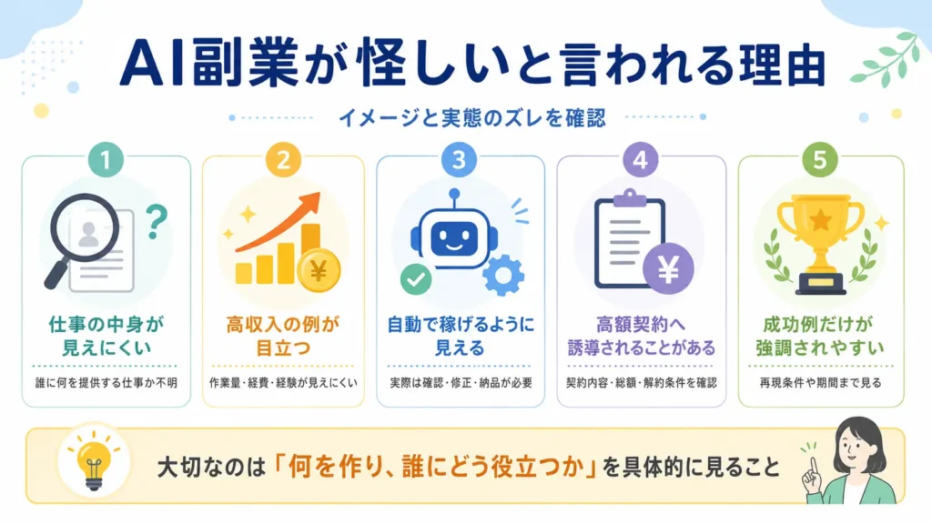 AI副業が怪しいと言われる5つの理由と確認すべきポイントをまとめた図解