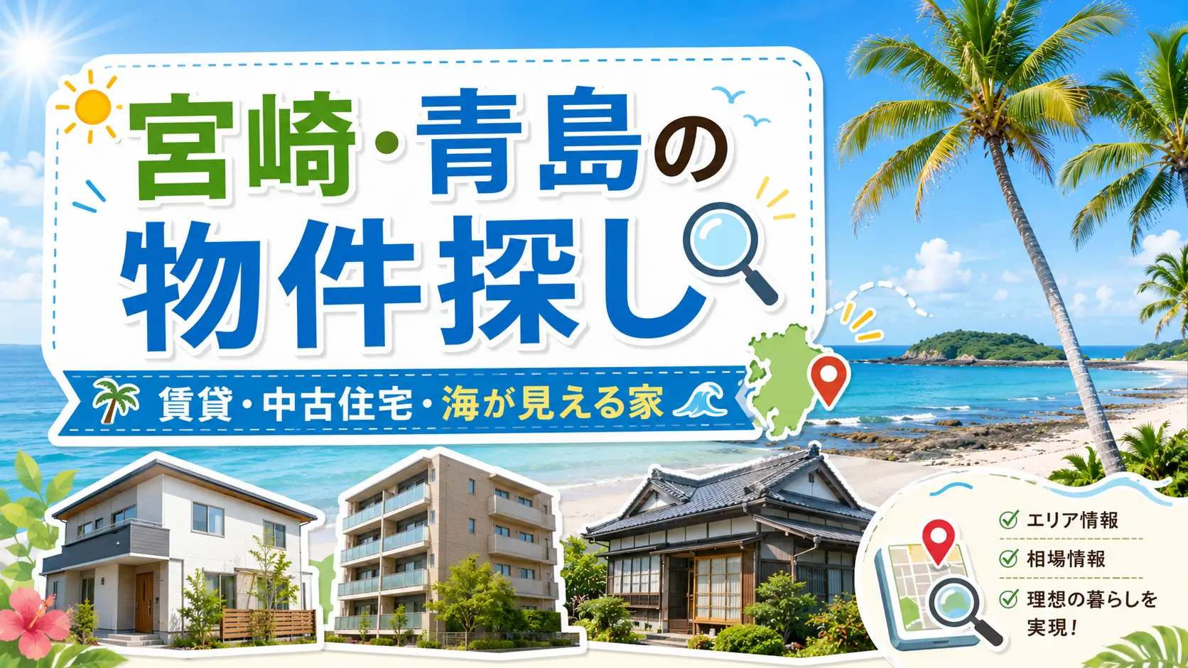 宮崎・青島で賃貸・中古住宅・古民家・海が見える物件を探す方法を紹介するイメージ