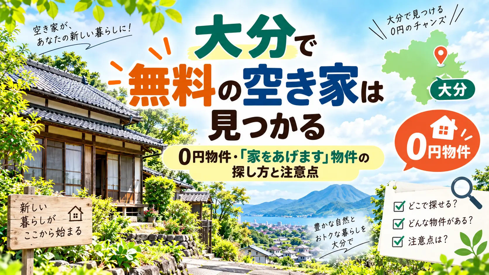 大分で無料・0円の空き家や「家をあげます」物件を探す方法を紹介するイメージ
